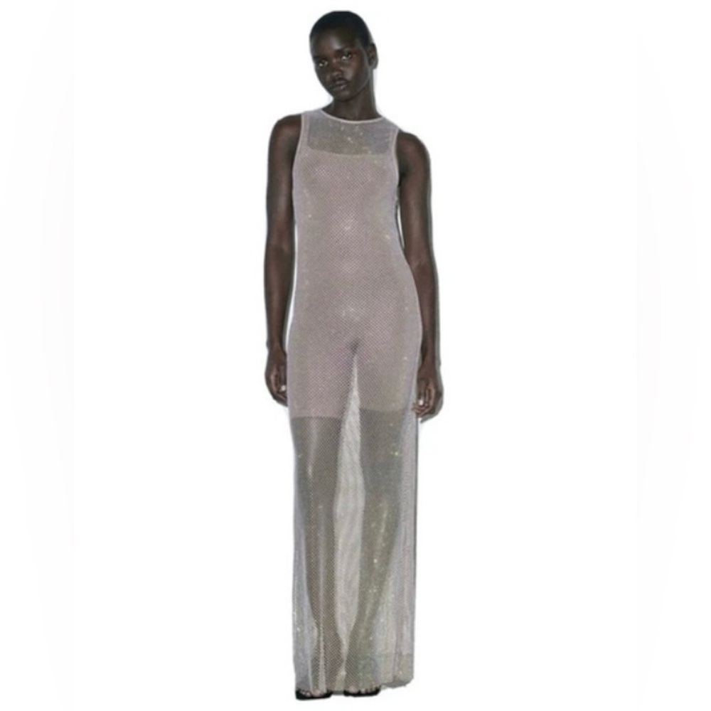 ZARA Rhinestone Mesh Maxi Dress | Sz M | Sheer Sparkle 58” Blogger Favorite